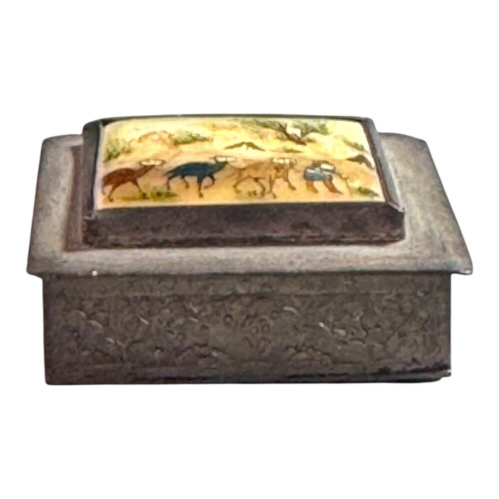 Vintage Silver Plated Trinket Box Hand Painted Camel Caravan Desert Jewelry Ring